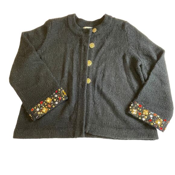 Laura Ashley Black Knit Button Front Embellished Cuffs Cardigan Sweater PL NWT - Picture 8 of 11
